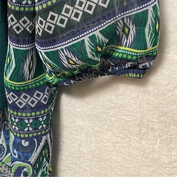 Liz Claiborne Blue Green Abstract Paisley Boho Tunic Blouse, 3/4 Sleeves, Large - Picture 5 of 7